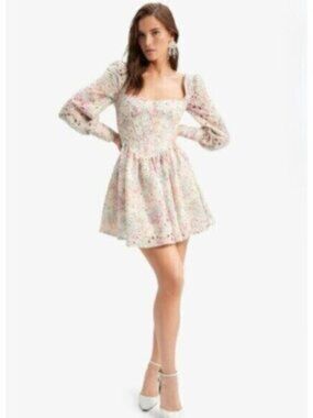 NWT Bardot Lila Flounce Broderie Pastel Floral Long Sleeve Mini Dress